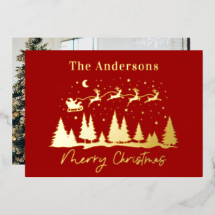 Christmas santa and reindeer sleigh photo foil holiday card