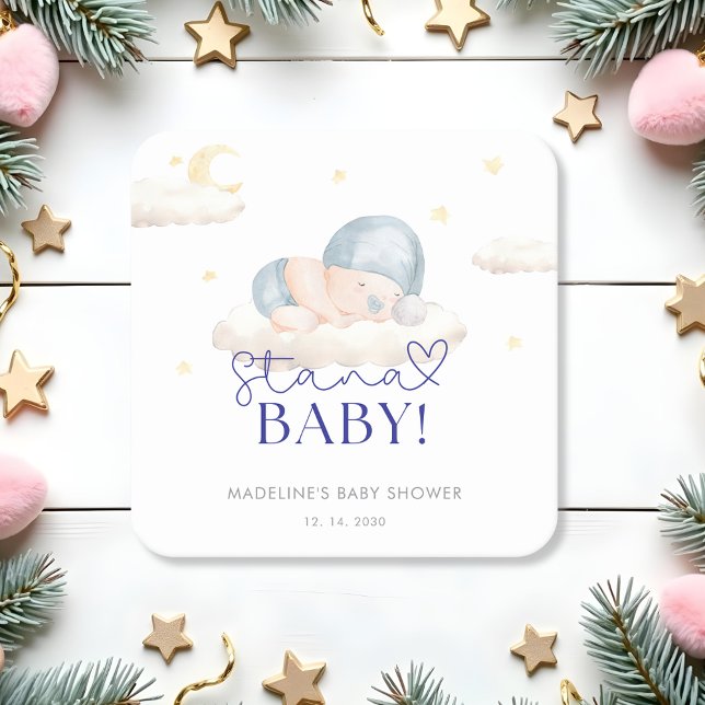 Christmas Santa Baby Boy Shower  Square Paper Coaster (Creator Uploaded)