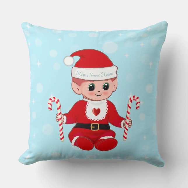 Christmas Santa Baby & Candy Canes on Light Blue Throw Pillow (Front)
