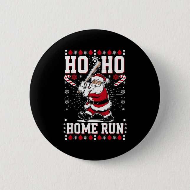 Christmas Santa Baseball Home Run Ho Ho Home Run , 2 Inch Round Button (Front)