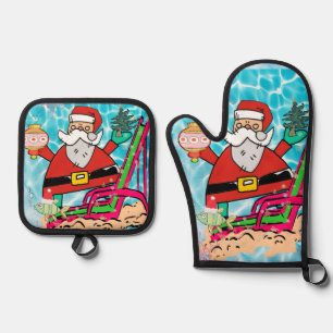 Christmas Santa Beach Bum Oven Mitt & Pot Holders  Holder Set