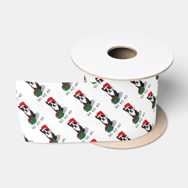 Christmas Santa Boston Terrier (black) Cute Satin Ribbon (Spool)