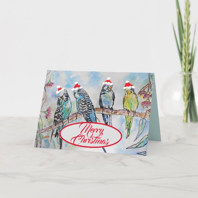 Christmas Santa Budgies Budgie Funny Bird Card (Front)