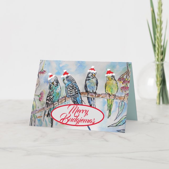 Christmas Santa Budgies Budgie Funny Bird Card (Front)