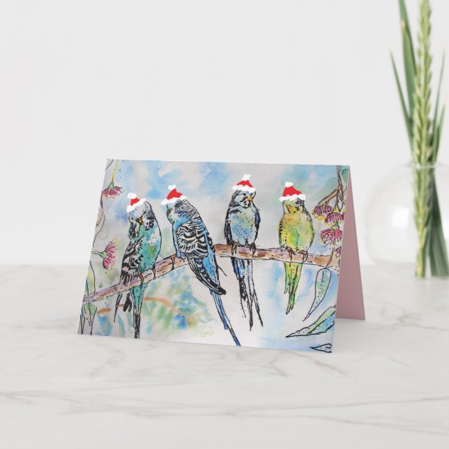 Christmas Santa Budgies Card (Front)