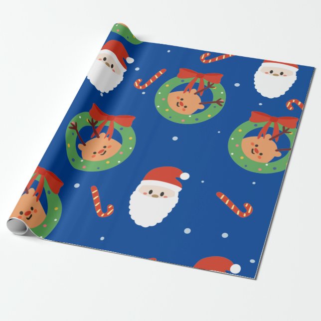 Christmas Santa, Candy Canes, and Wreath  Wrapping Paper (Unrolled)