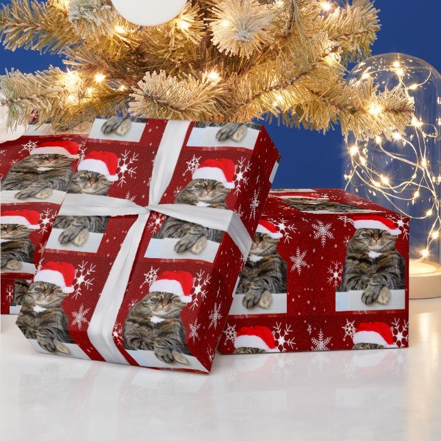 Christmas Santa Cat Humbug Photo Red Snowflake Wrapping Paper (Holidays)