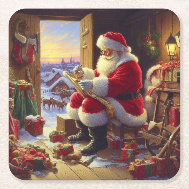 Christmas Santa Claus 2 Square Paper Coaster (Front)