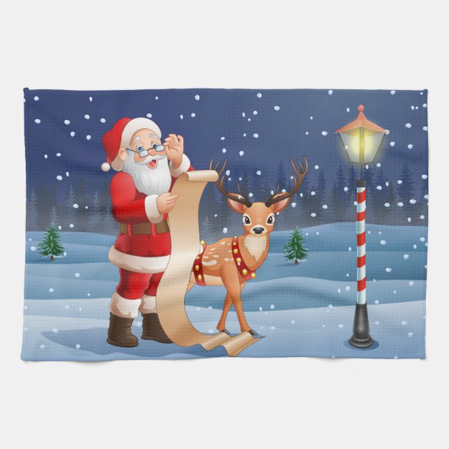 Christmas Santa Claus And Reindeer Kitchen Towel (Horizontal)