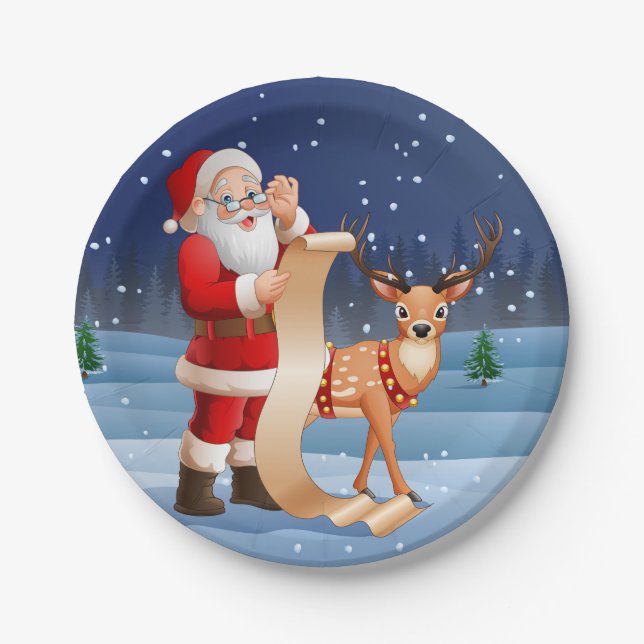 Christmas Santa Claus and Reindeer Paper Plate (Front)