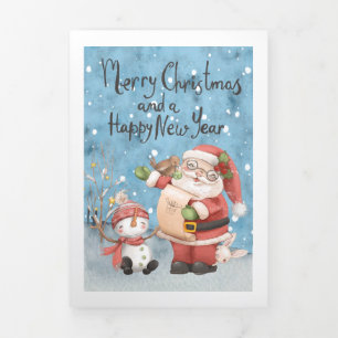 Christmas Santa Claus And Snowman Personalized Tri-Fold Holiday Card
