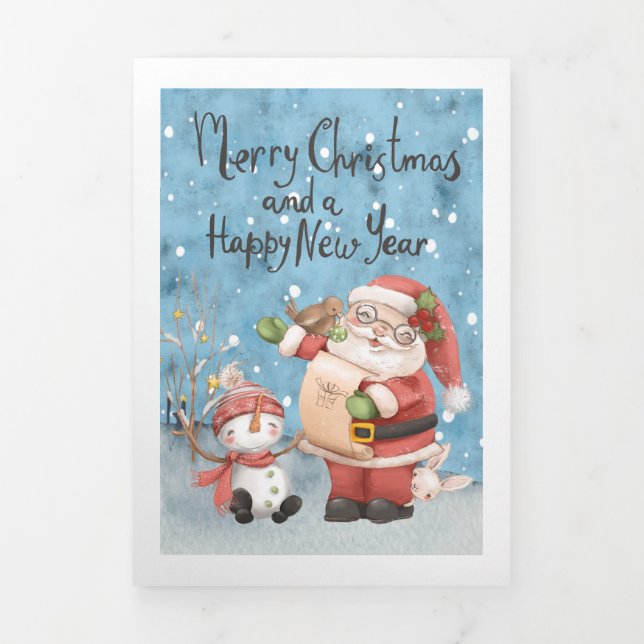 Christmas Santa Claus And Snowman Personalized Tri-Fold Holiday Card (Cover)