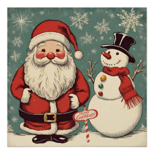 Christmas Santa Claus and Snowman Poster