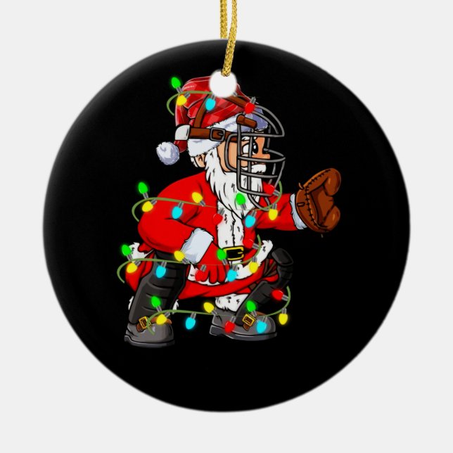 Christmas Santa Claus Baseball Catcher Ceramic Ornament (Front)