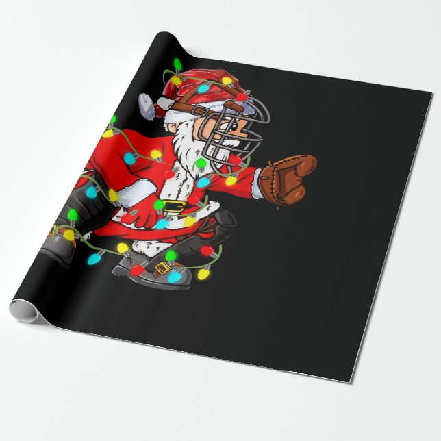 Christmas Santa Claus Baseball Catcher Wrapping Paper (Unrolled)