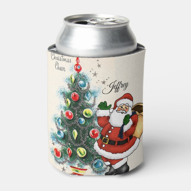 Christmas Santa Claus Custom Name Retro Vibe Can Cooler (Can Front)