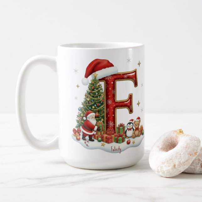 Christmas Santa Claus Elf Penguin Alphabet F Coffee Mug (With Donut)