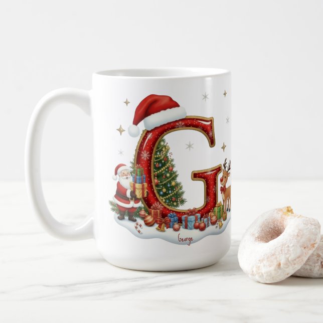 Christmas Santa Claus Elf Penguin Alphabet G Coffee Mug (With Donut)
