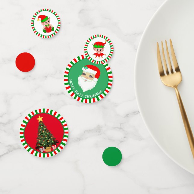 Christmas Santa Claus & elves on red green Confetti (Group)