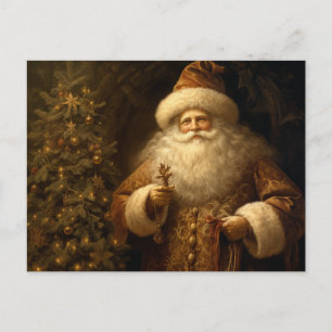 Christmas Santa Claus Gold Ornaments Pine Tree Postcard