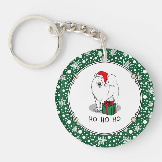 Christmas Santa Claus Hat Samoyed Dog Funny Keychain (Front)