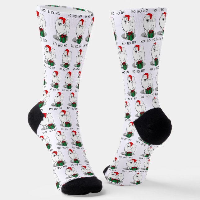 Christmas Santa Claus Hat Samoyed Dog Funny Socks (Angled)