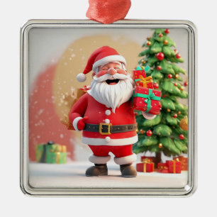 Christmas Santa Claus Holding Present Metal Ornament