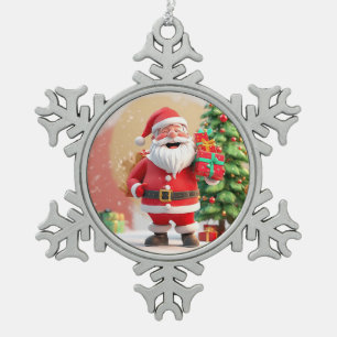 Christmas Santa Claus Holding Present Snowflake Pewter Christmas Ornament