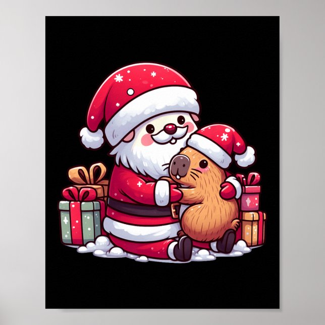 Christmas Santa Claus Hugging Cute Capybara With S Poster (Front)