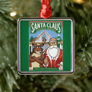 Christmas Santa Claus & Kickin' Reindeer Snowing Metal Ornament