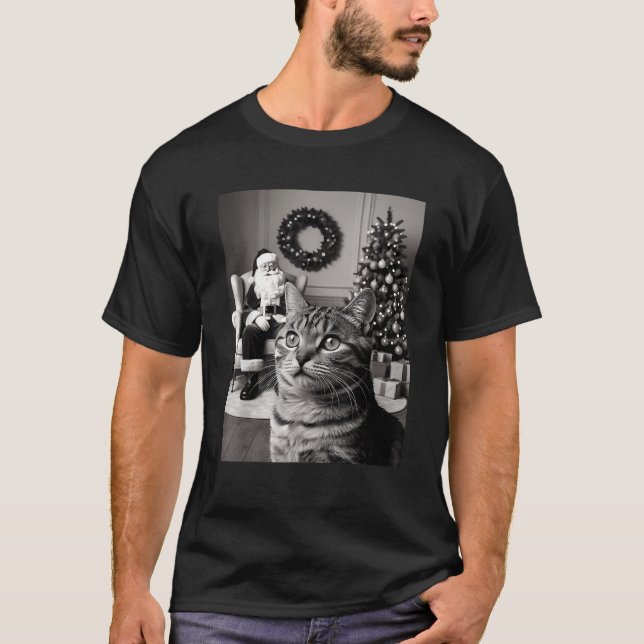 Christmas Santa Claus Merry X Mas Funny Cat Selfie T-Shirt (Front)
