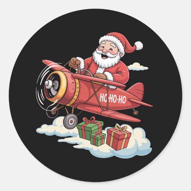 Christmas Santa Claus Pilot Flying Airplane Gift Classic Round Sticker (Front)