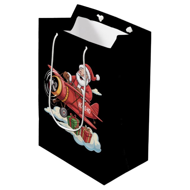 Christmas Santa Claus Pilot Flying Airplane Gift Medium Gift Bag (Front Angled)