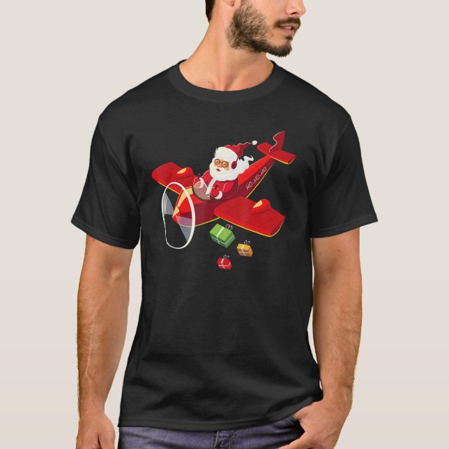 Christmas Santa Claus Pilot Flying Airplane T-Shirt (Front)