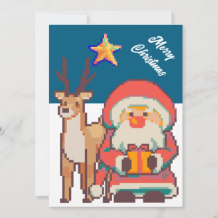 Christmas, Santa Claus, Reindeer, Pixel Art Holiday Card