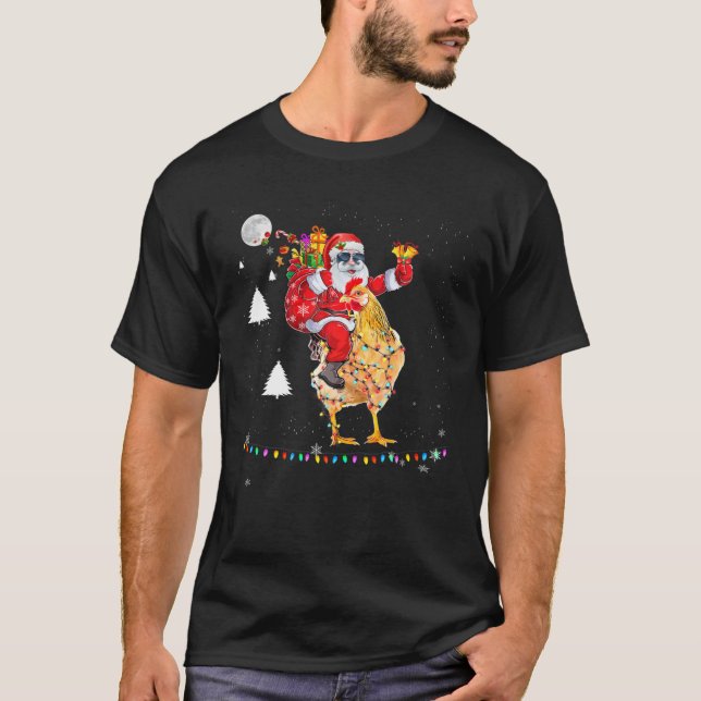 Christmas Santa Claus Riding Chicken Lights Xmas H T-Shirt (Front)