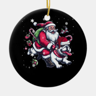 Christmas Santa Claus Riding English Bulldog Xmas  Ceramic Ornament
