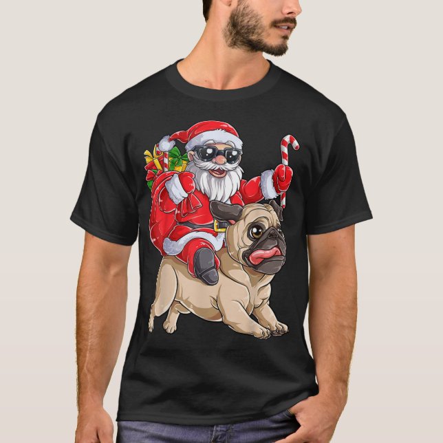 Christmas Santa Claus Riding Pug Xmas Boys Girls P T-Shirt (Front)