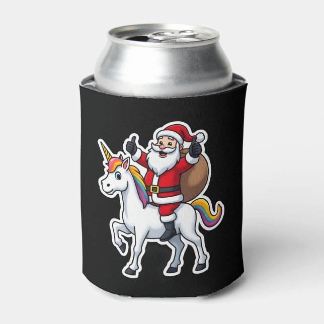 Christmas Santa Claus Riding Unicorn - Xmas Girls  Can Cooler (Can Front)
