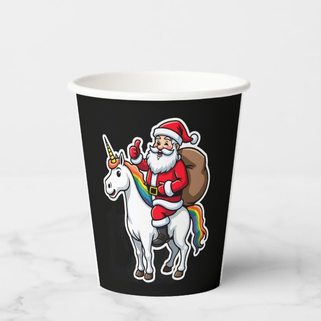 Christmas Santa Claus Riding Unicorn - Xmas Girls  Paper Cups (Front)
