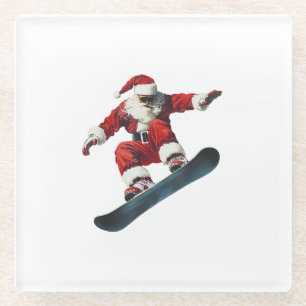 Christmas Santa Claus Snowboard Snowboarding Snowb Glass Coaster