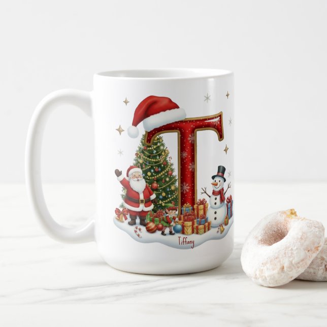 Christmas Santa Claus Snowman Elf Alphabet T  Coffee Mug (With Donut)