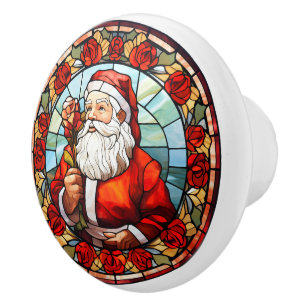 Christmas Santa Claus Stained Glass Design Roses Ceramic Knob