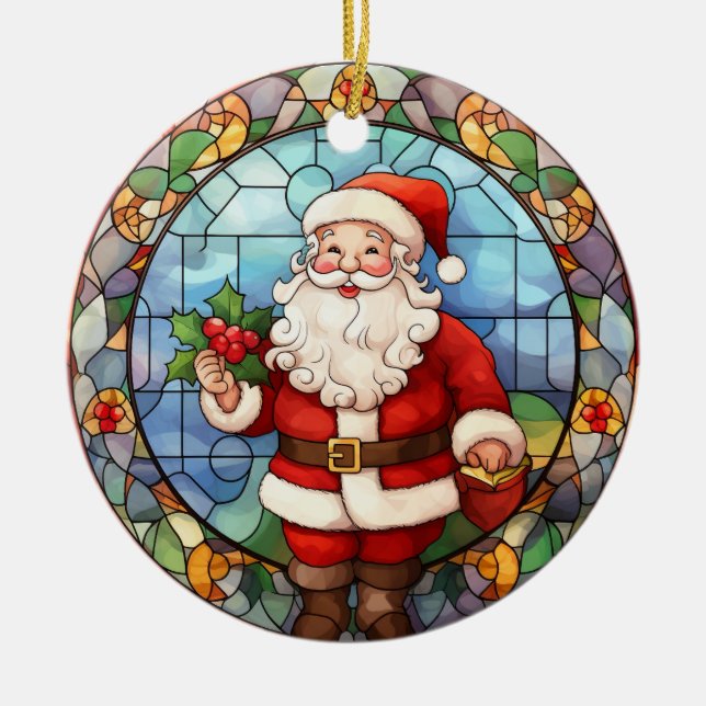 Christmas Santa Claus stained glass style Ceramic Ornament (Front)