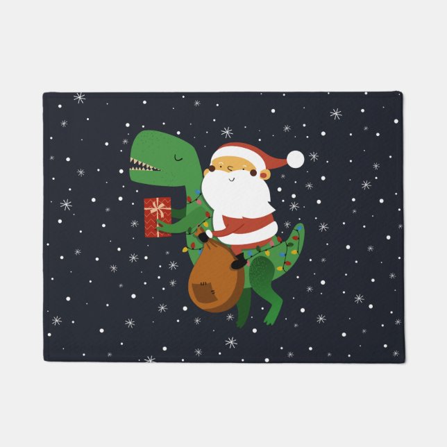 Christmas Santa Claus T-rex Dinosaur Sleigh Doormat (Front)