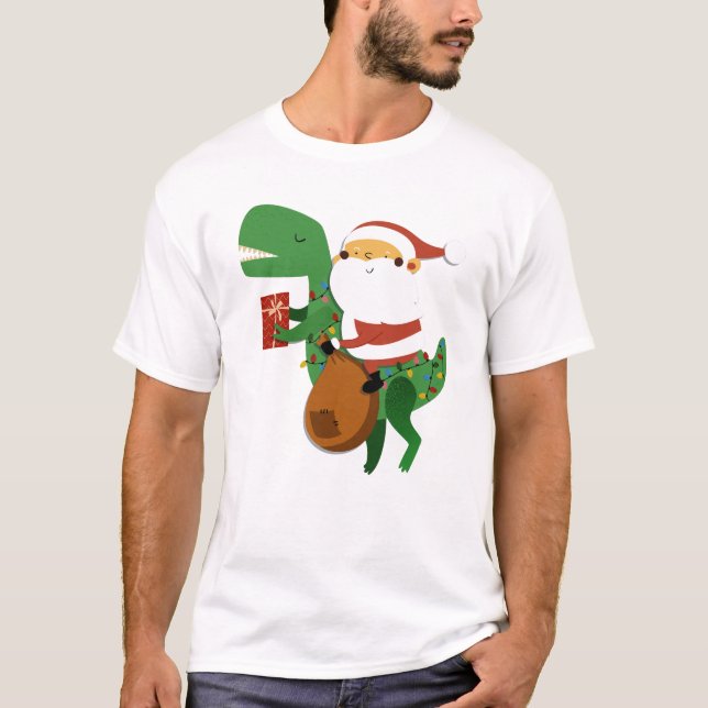 Christmas Santa Claus T-rex Dinosaur Sleigh T-Shirt (Front)