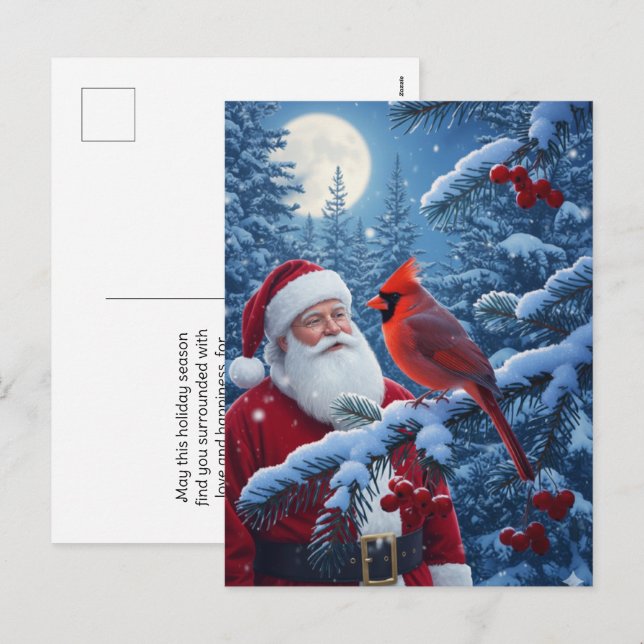 Christmas Santa Claus with Cardinal in Snowy Tree Holiday Postcard (Front/Back)