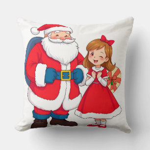 Christmas Santa Claus with Happy Girl Throw Pillow