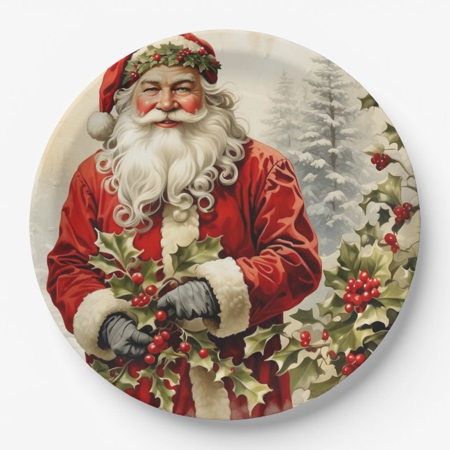 Christmas Santa Claus with Holly Berry Paper Plate (Front)