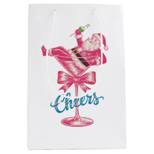 Christmas Santa Cocktail Glass Cheers Vintage Xmas Medium Gift Bag